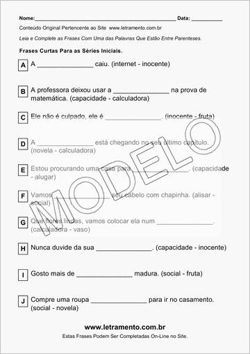 Atividade Para Imprimir Com Frases Curtas Para as Séries Iniciais