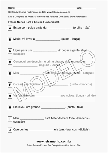 Atividade Para Imprimir Com Frases Curtas Para o Ensino Fundamental