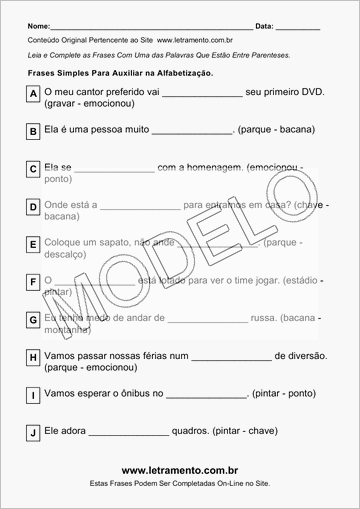 Atividade Para Imprimir Com Frases Simples Para Auxiliar na Alfabetização