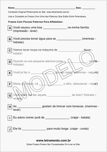 Atividade Para Imprimir Com Frases de Poucas Palavras Para Alfabetizar