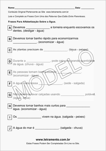 Atividade Para Imprimir Com Frases Sobre a Água