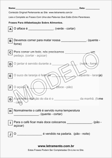 Atividade Para Imprimir Com Frases Sobre Alimentos