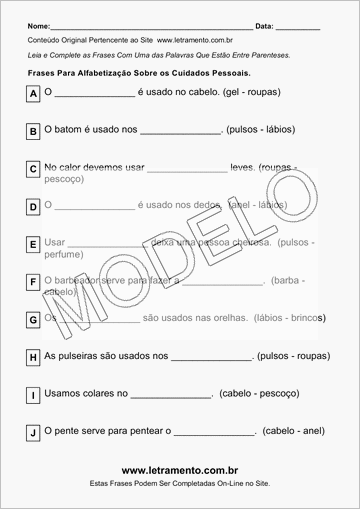 Atividade Para Imprimir Com Frases Sobre os Cuidados Pessoais