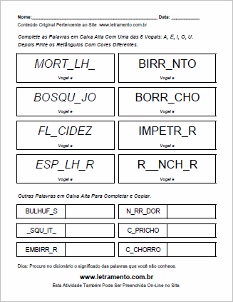 Atividade Para Imprimir de Completar Palavras Com Vogais Escritas em Caixa Alta