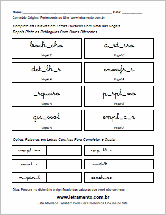 Atividade Para Imprimir Completar Palavras Com Vogais Escritas em Letras Cursivas