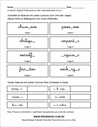 Atividade Para Imprimir Completar Palavras Com Vogais Escritas em Letras Cursivas