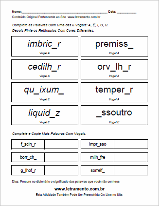 Atividade Para Imprimir Completar Palavras Com Vogais Escritas em Letras Minúsculas