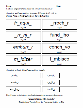 Atividade Para Imprimir Completar Palavras Com Vogais Escritas em Letras Minúsculas