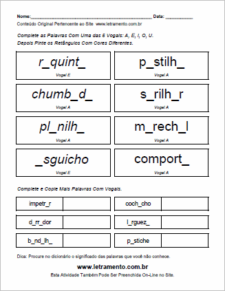 Atividade Para Imprimir Completar Palavras Com Vogais Escritas em Letras Minúsculas