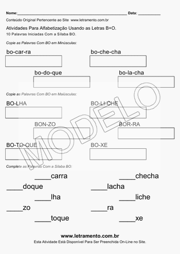 Atividade de Alfabetização Para Imprimir Com a Sílaba BO