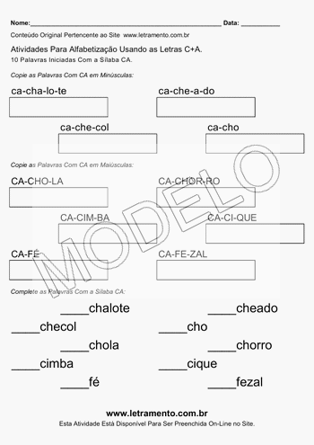 Atividade de Alfabetização Para Imprimir Com a Sílaba CA