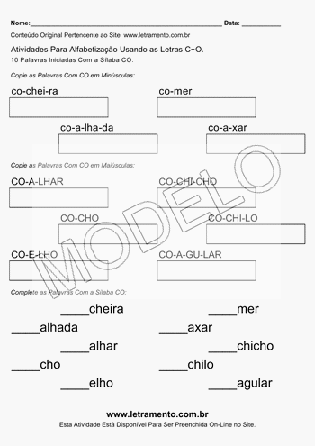 Atividade de Alfabetização Para Imprimir Com a Sílaba CO