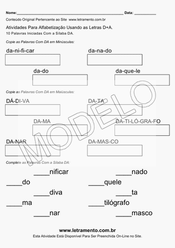 Atividade de Alfabetização Para Imprimir Com a Sílaba DA