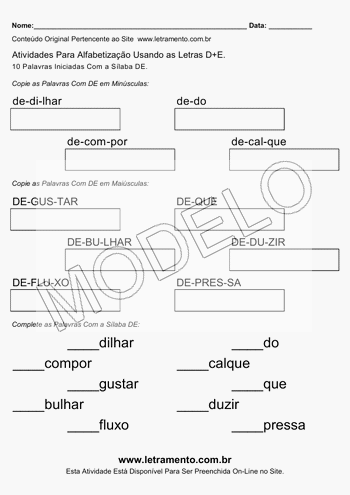 Atividade de Alfabetização Para Imprimir Com a Sílaba DE