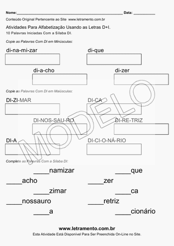 Atividade de Alfabetização Para Imprimir Com a Sílaba DI