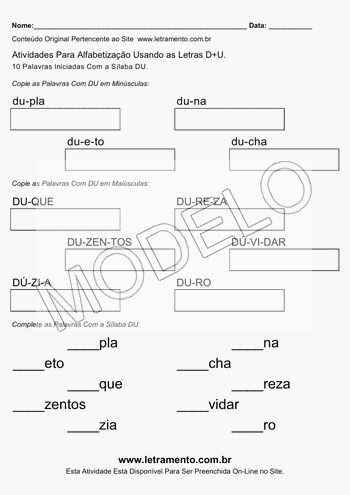 Atividade de Alfabetização Para Imprimir Com a Sílaba DU