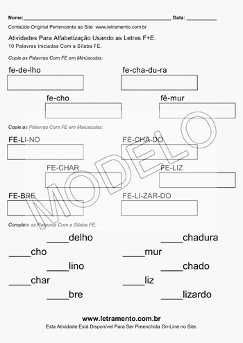 Atividade de Alfabetização Para Imprimir Com a Sílaba FE