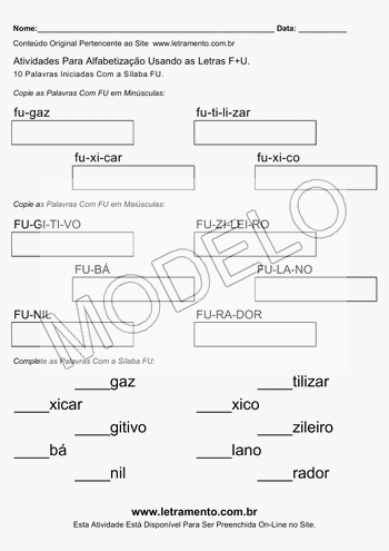 Atividade de Alfabetização Para Imprimir Com a Sílaba FU