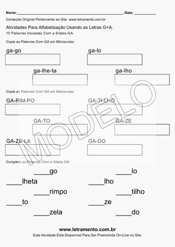 Atividade de Alfabetização Para Imprimir Com a Sílaba GA