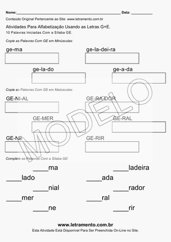 Atividade de Alfabetização Para Imprimir Com a Sílaba GE