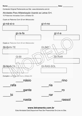 Atividade de Alfabetização Para Imprimir Com a Sílaba GI