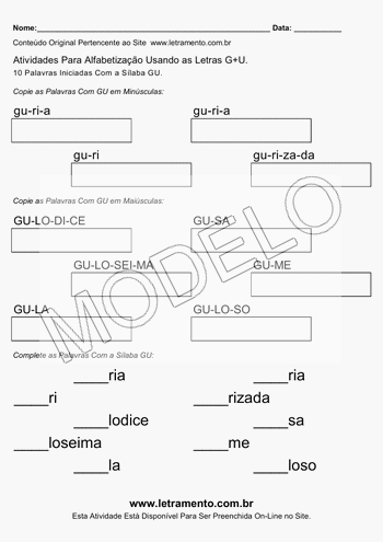 Atividade de Alfabetização Para Imprimir Com a Sílaba GU