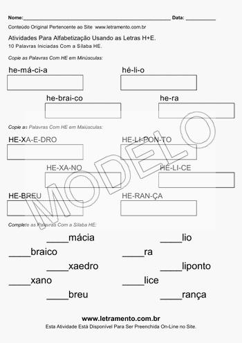 Atividade de Alfabetização Para Imprimir Com a Sílaba HE