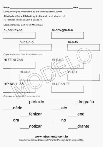 Atividade de Alfabetização Para Imprimir Com a Sílaba HI