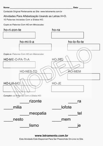 Atividade de Alfabetização Para Imprimir Com a Sílaba HO