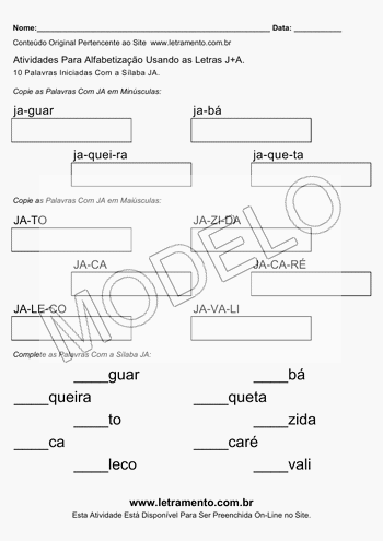 Atividade de Alfabetização Para Imprimir Com a Sílaba JA