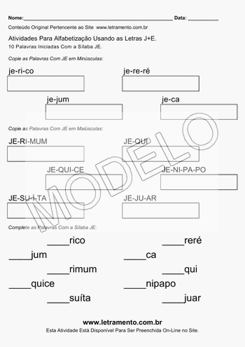 Atividade de Alfabetização Para Imprimir Com a Sílaba JE