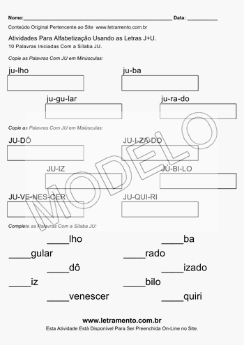 Atividade de Alfabetização Para Imprimir Com a Sílaba JU