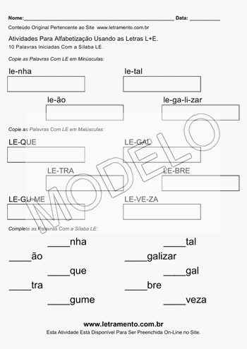 Atividade de Alfabetização Para Imprimir Com a Sílaba LE