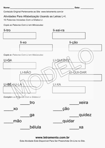 Atividade de Alfabetização Para Imprimir Com a Sílaba LI