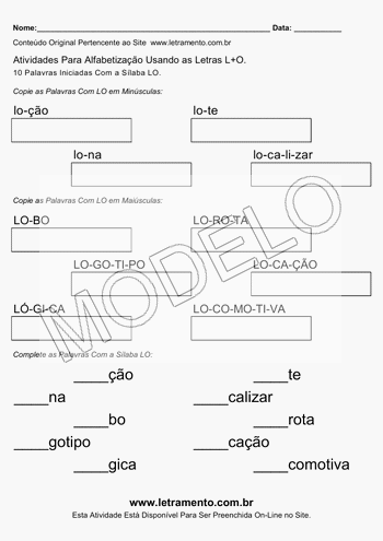 Atividade de Alfabetização Para Imprimir Com a Sílaba LO