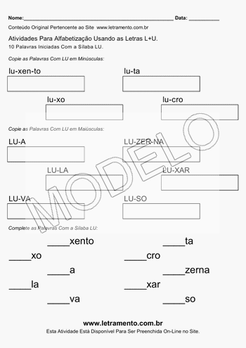 Atividade de Alfabetização Para Imprimir Com a Sílaba LU