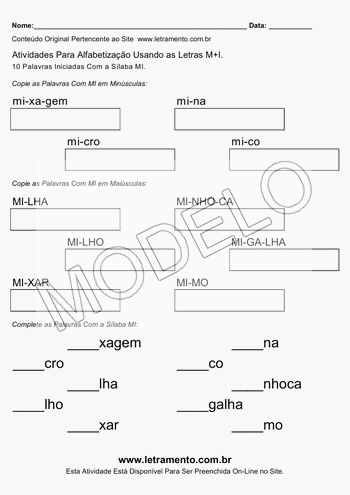 Atividade de Alfabetização Para Imprimir Com a Sílaba MI