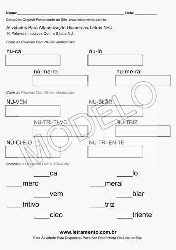 Atividade de Alfabetização Para Imprimir Com a Sílaba NU