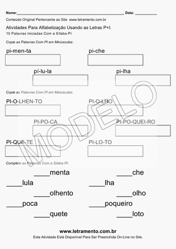 Atividade de Alfabetização Para Imprimir Com a Sílaba PI