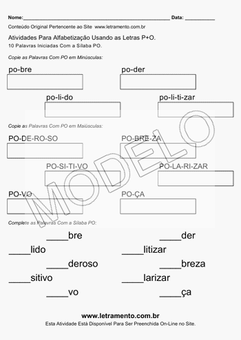 Atividade de Alfabetização Para Imprimir Com a Sílaba PO