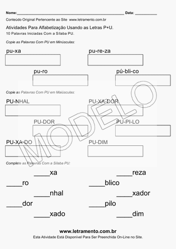 Atividade de Alfabetização Para Imprimir Com a Sílaba PU