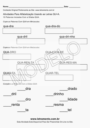 Atividade de Alfabetização Para Imprimir Com a Sílaba QUA