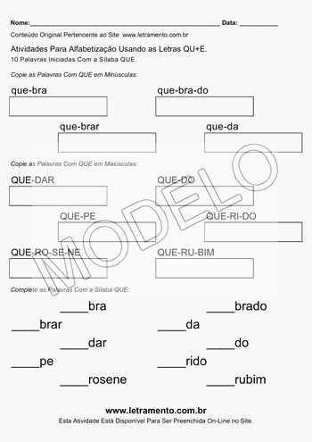 Atividade de Alfabetização Para Imprimir Com a Sílaba QUE