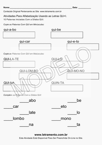Atividade de Alfabetização Para Imprimir Com a Sílaba QUI
