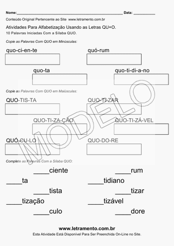 Atividade de Alfabetização Para Imprimir Com a Sílaba QUO