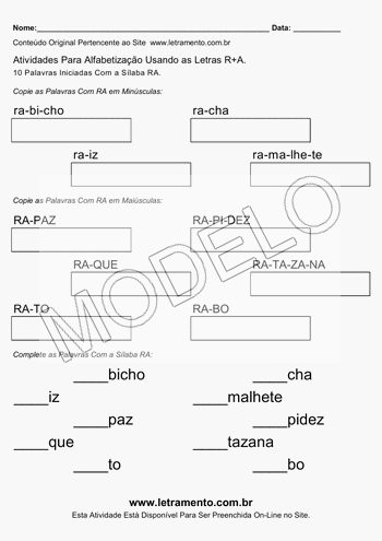 Atividade de Alfabetização Para Imprimir Com a Sílaba RA