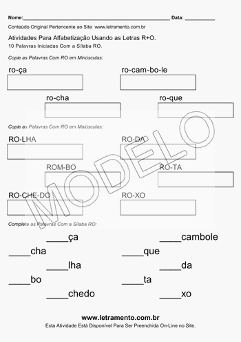 Atividade de Alfabetização Para Imprimir Com a Sílaba RO