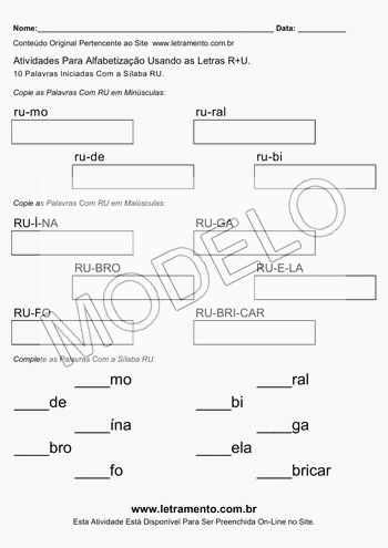 Atividade de Alfabetização Para Imprimir Com a Sílaba RU