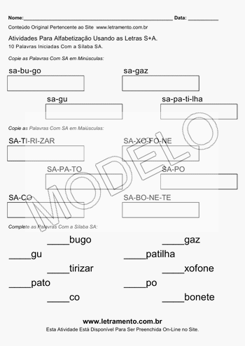 Atividade de Alfabetização Para Imprimir Com a Sílaba SA