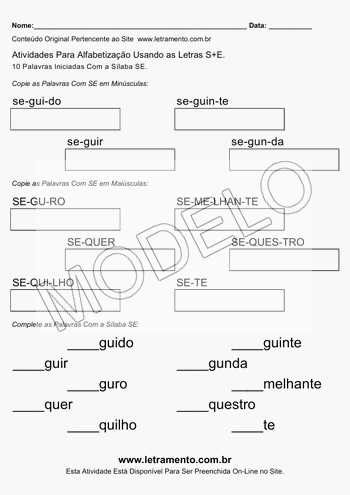 Atividade de Alfabetização Para Imprimir Com a Sílaba SE